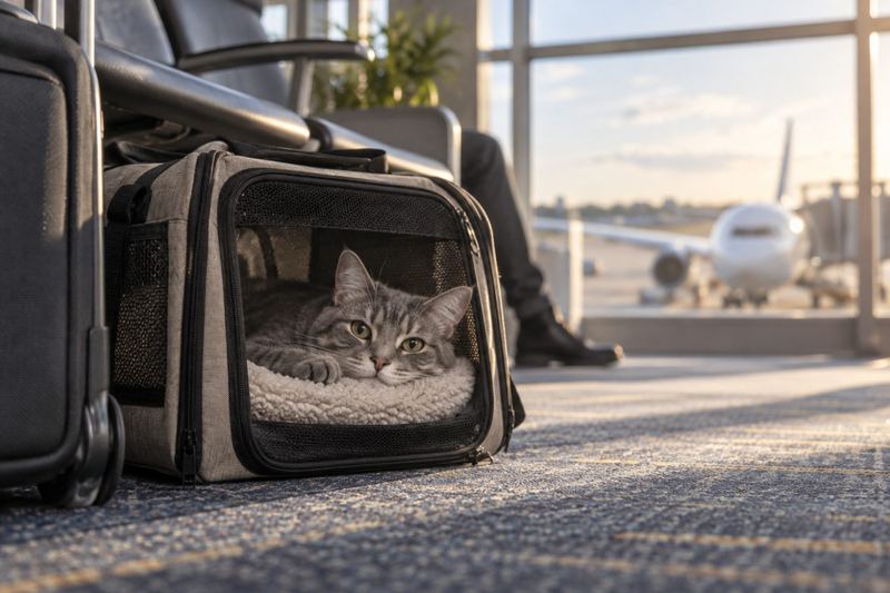 Grey tabby cat resting in a soft pet carrier at an airport gate
