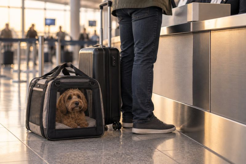 Small dog in a carrier beside its owner and a suitcase at an airline check-in counter