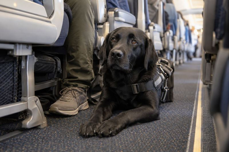 Black Labrador service dog in a harness lying at its handler's feet in an airplane cabin